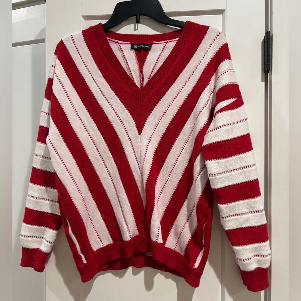 Charming V-Neck Sweater in Red and White Stripes